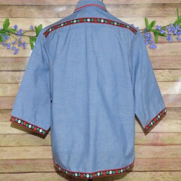 Vintage JC Penney Big Mac Blue Chambray Shirt Ladies M 70s Floral Trim Granny - Picture 9 of 12